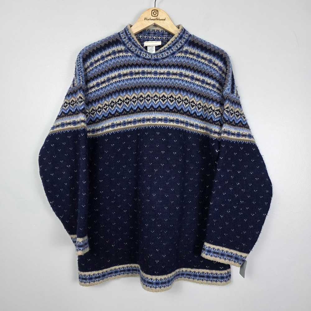 Laura Tyler Vintage Fair Isle Knit Sweater Navy Blue Small Made in USA 90s
